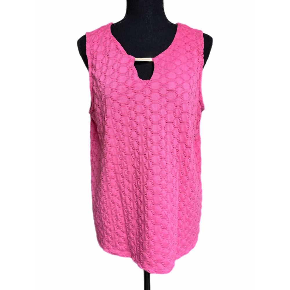 Kaktus Hot Pink Textured Bubble Knit V Neck Sleeveless Top Gold Bar Detail L